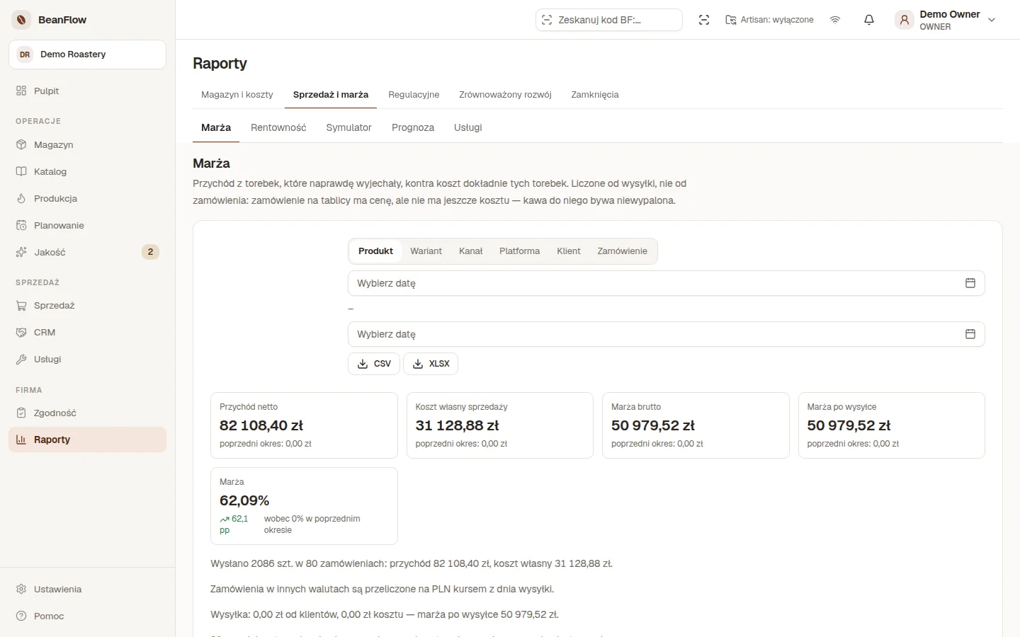 Raport marży w BeanFlow: tabela produktów z przychodem, kosztem własnym i marżą procentową.